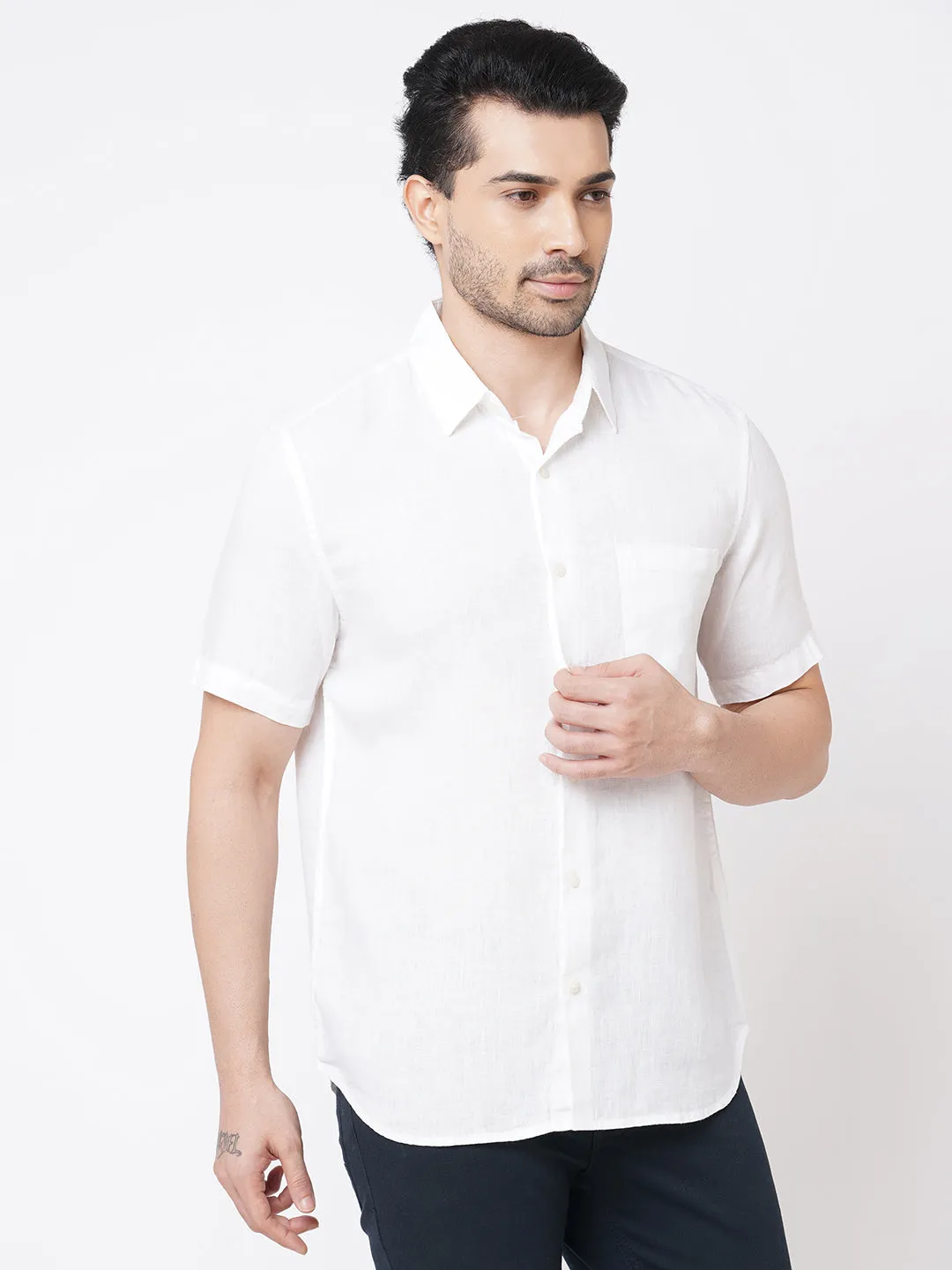 Men's White 100% Linen Regular Fit Short Sleeved Shirt