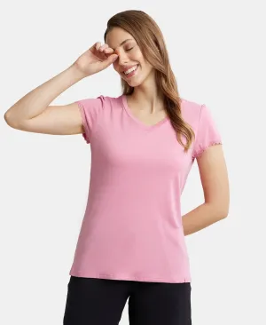 Micro Modal Cotton Relaxed Fit Solid V Neck Half Sleeve T-Shirt - Peach Blossom