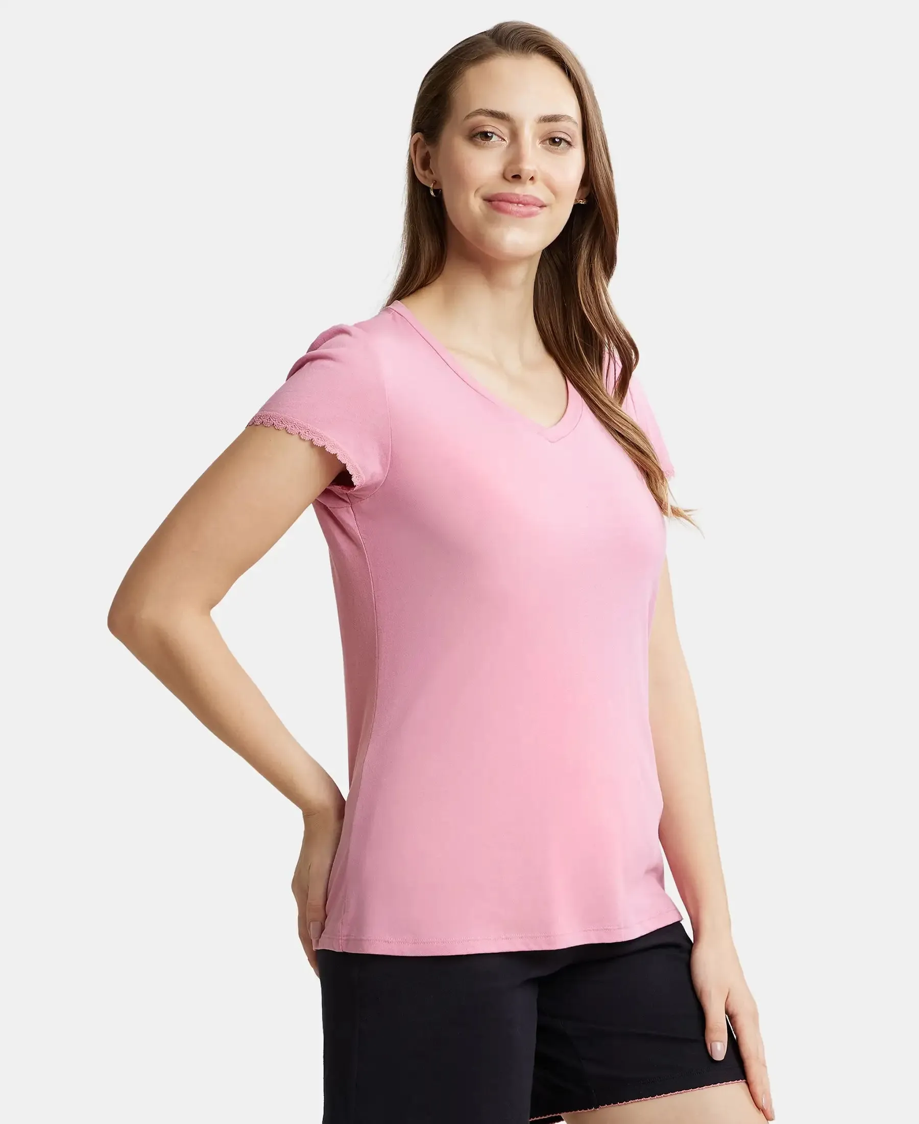 Micro Modal Cotton Relaxed Fit Solid V Neck Half Sleeve T-Shirt - Peach Blossom