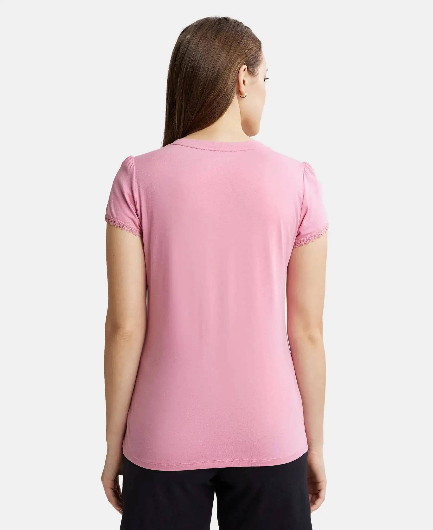 Micro Modal Cotton Relaxed Fit Solid V Neck Half Sleeve T-Shirt - Peach Blossom