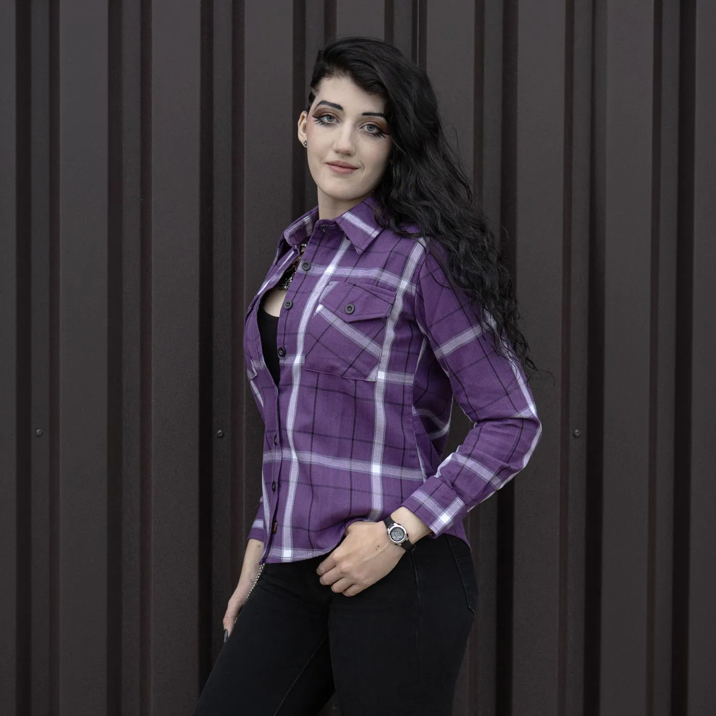 Milwaukee Leather MNG21605 Women's Casual Purple and White Long Sleeve Cotton Casual Flannel Shirt