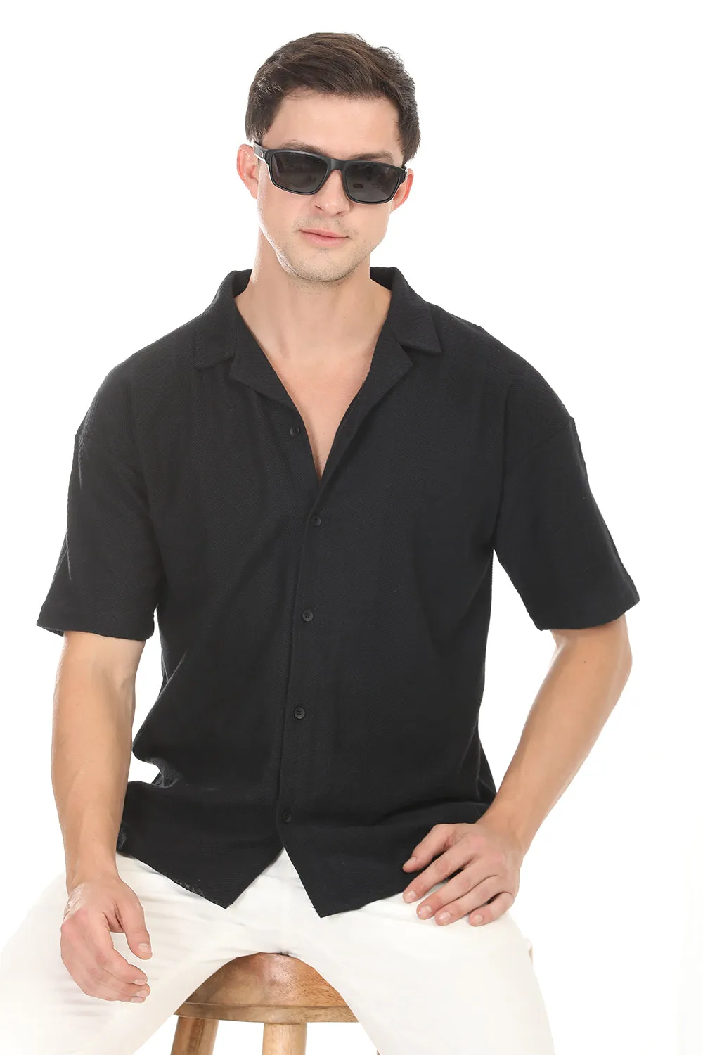 Modern Fit Cuban Collar Shirt - Black