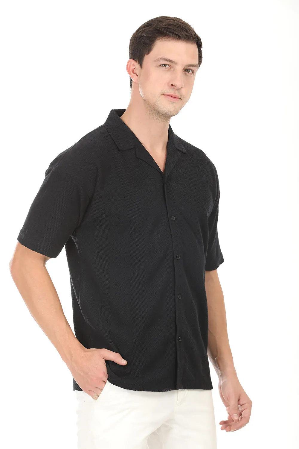 Modern Fit Cuban Collar Shirt - Black