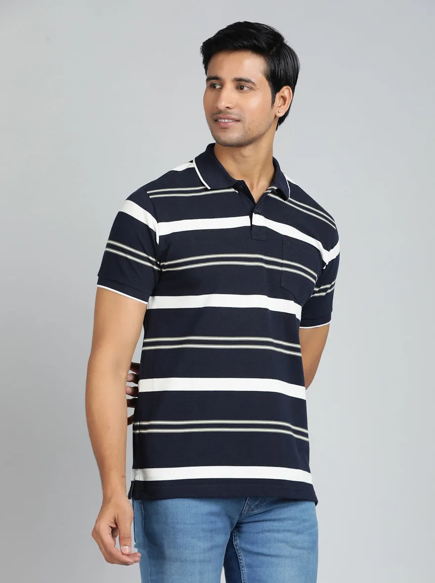 Navy Blue Striped Regular Fit Polo T-Shirt | Greenfibre