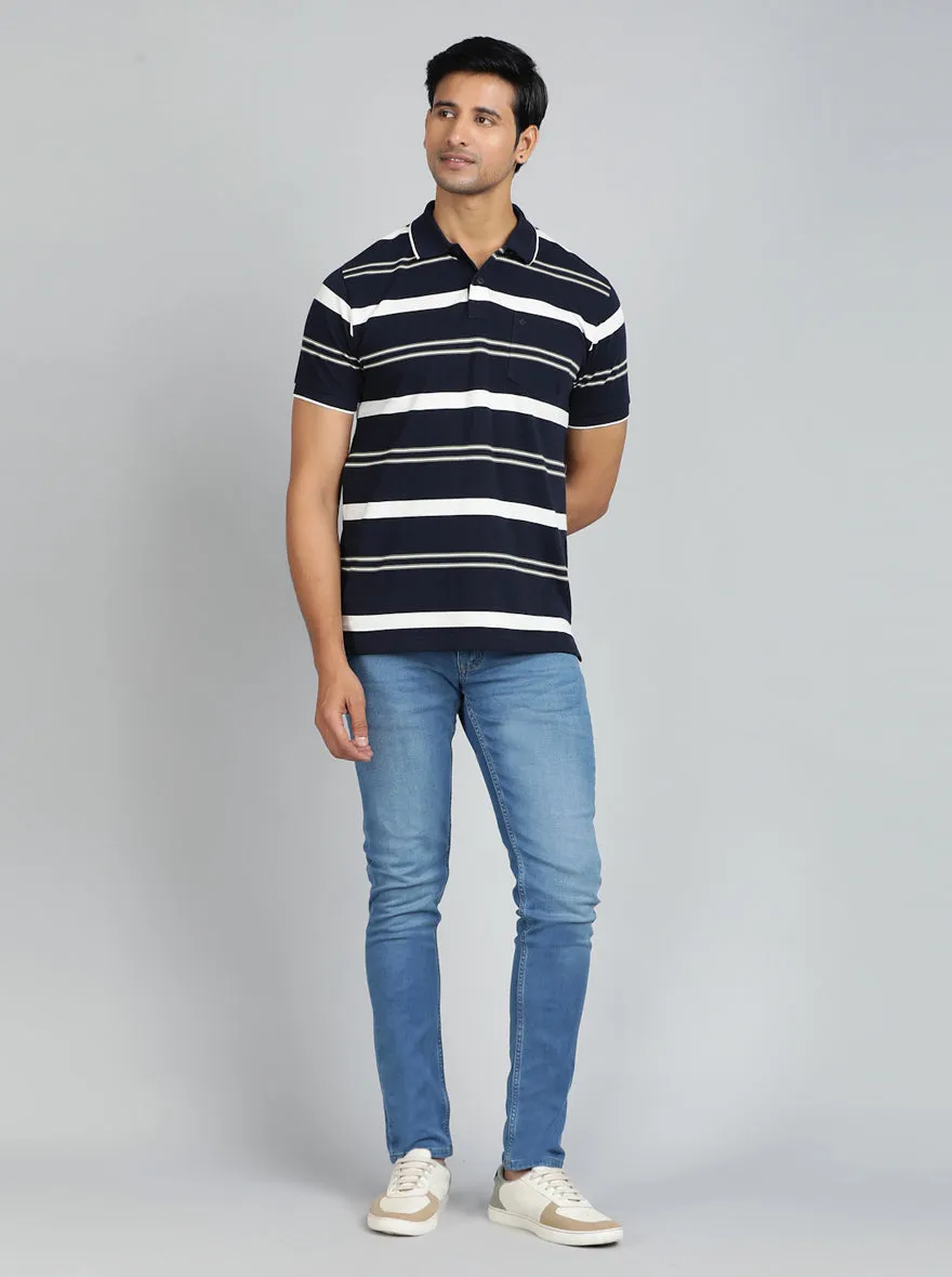 Navy Blue Striped Regular Fit Polo T-Shirt | Greenfibre