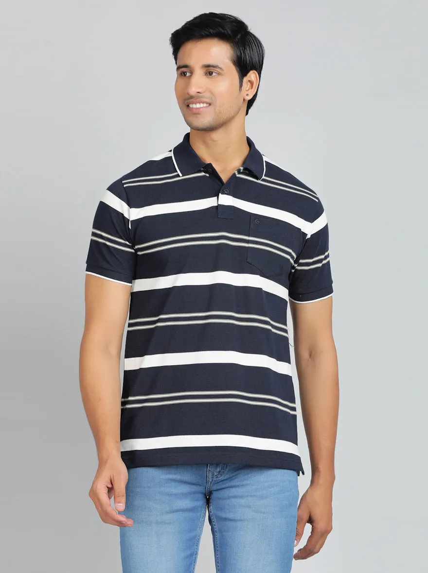 Navy Blue Striped Regular Fit Polo T-Shirt | Greenfibre