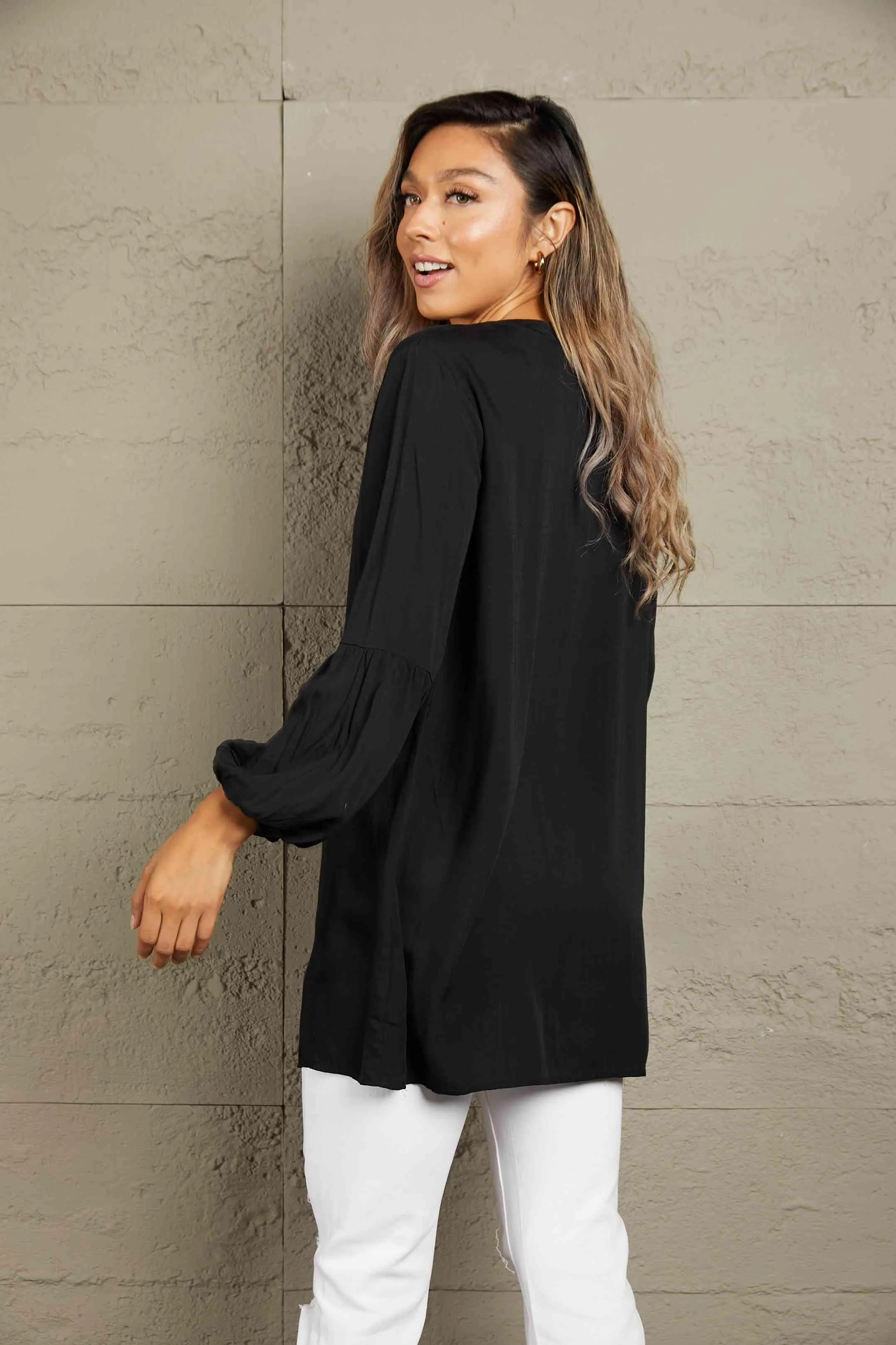 Notched Neck Balloon Sleeve Shirt