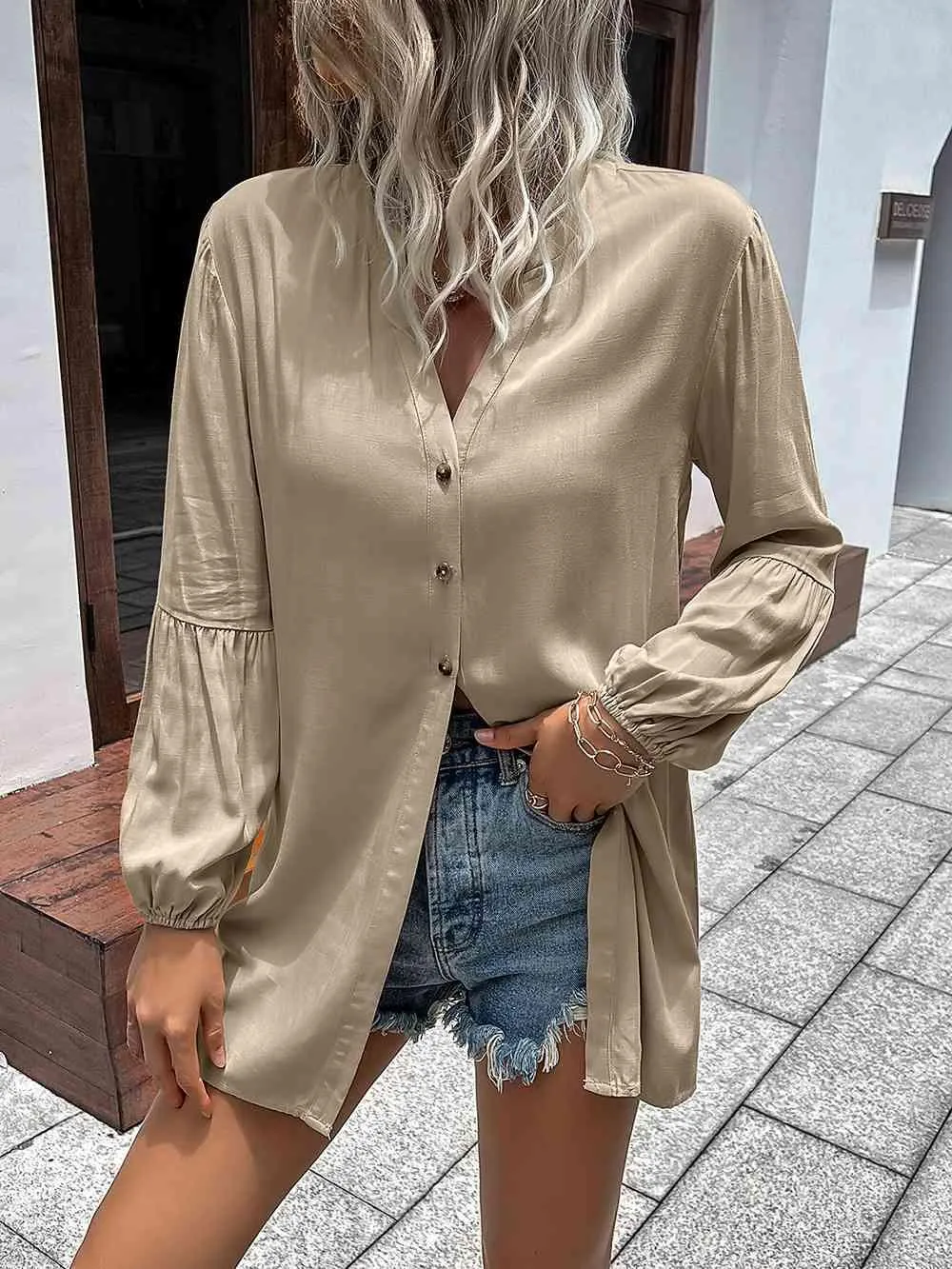 Notched Neck Balloon Sleeve Shirt