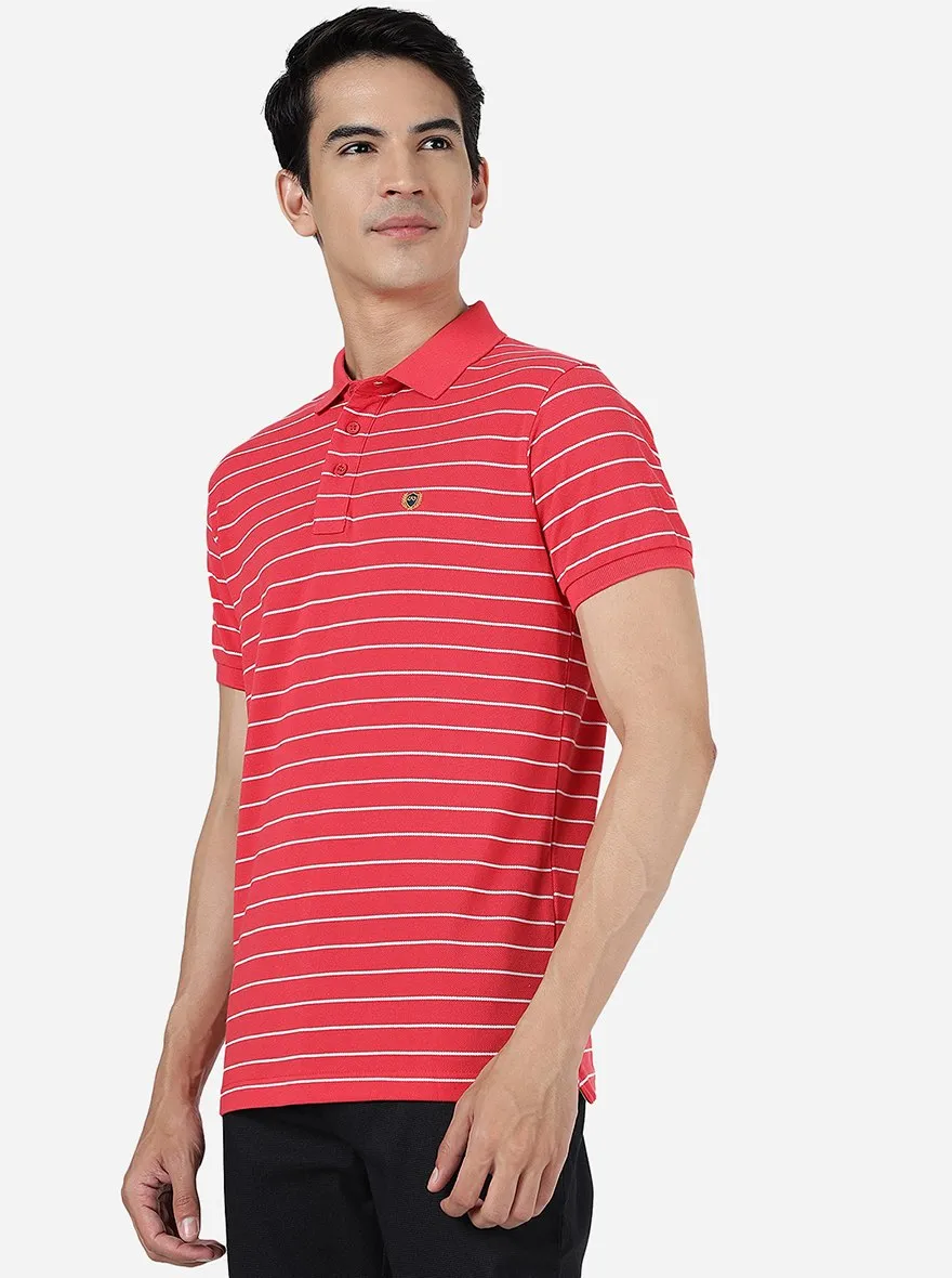 Pink & White Striped Slim Fit Polo T-Shirt | JadeBlue