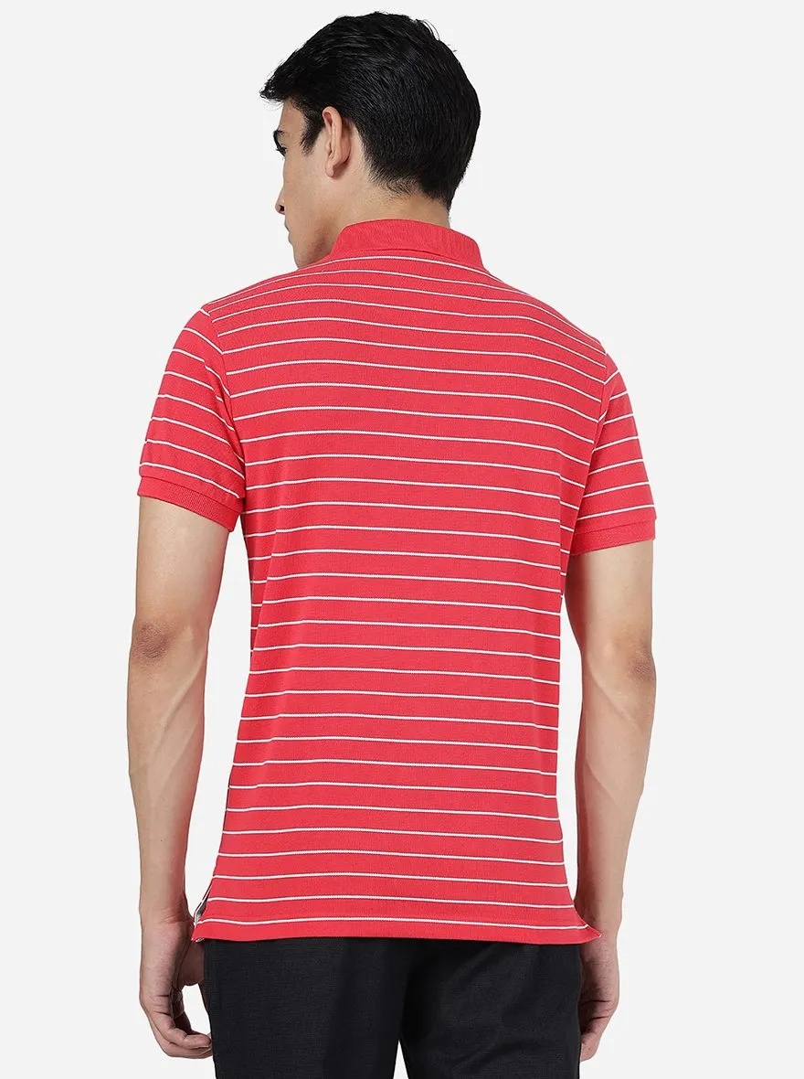 Pink & White Striped Slim Fit Polo T-Shirt | JadeBlue