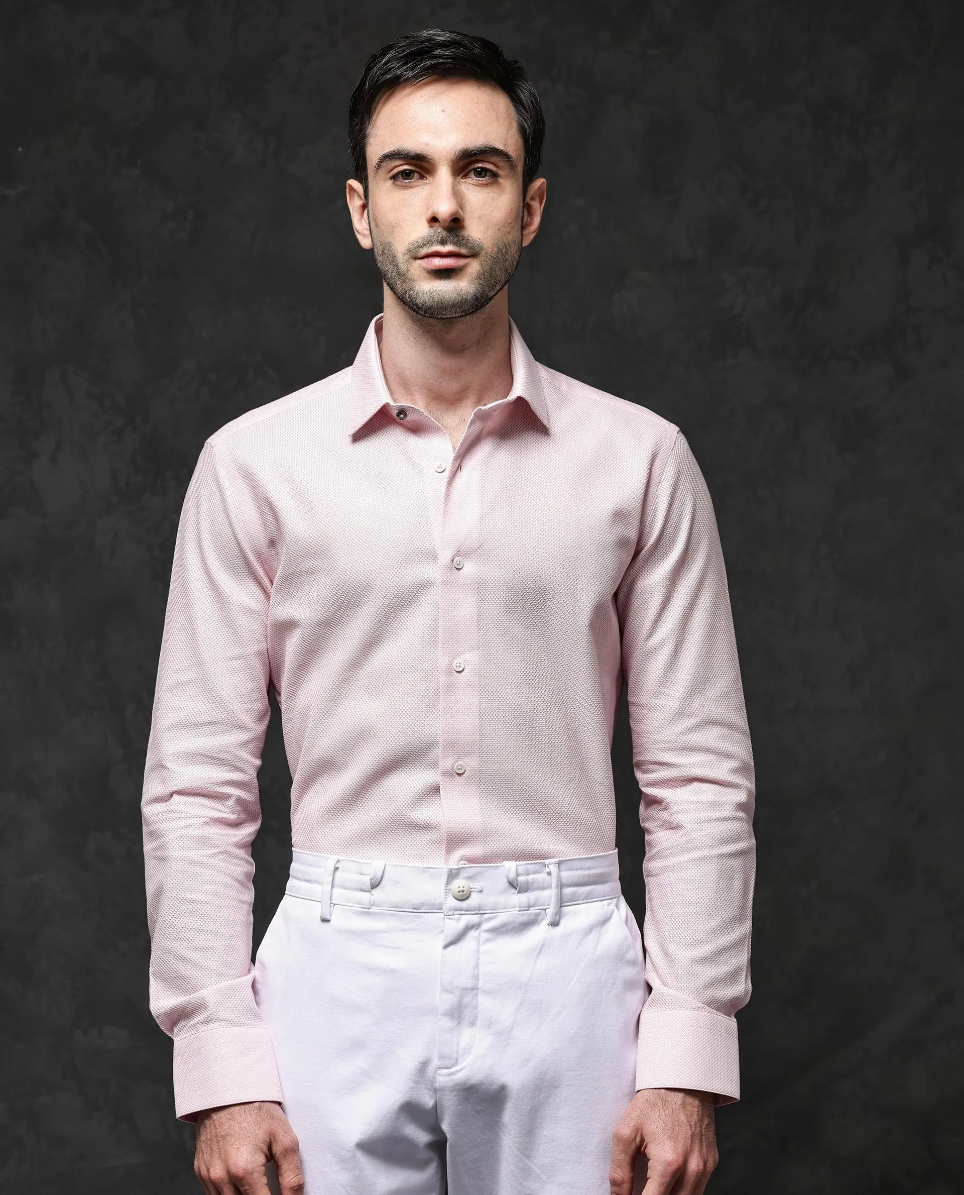 Rare Rabbit Mens Astron Pastel Pink Full Sleeve Solid Dobby Shirt