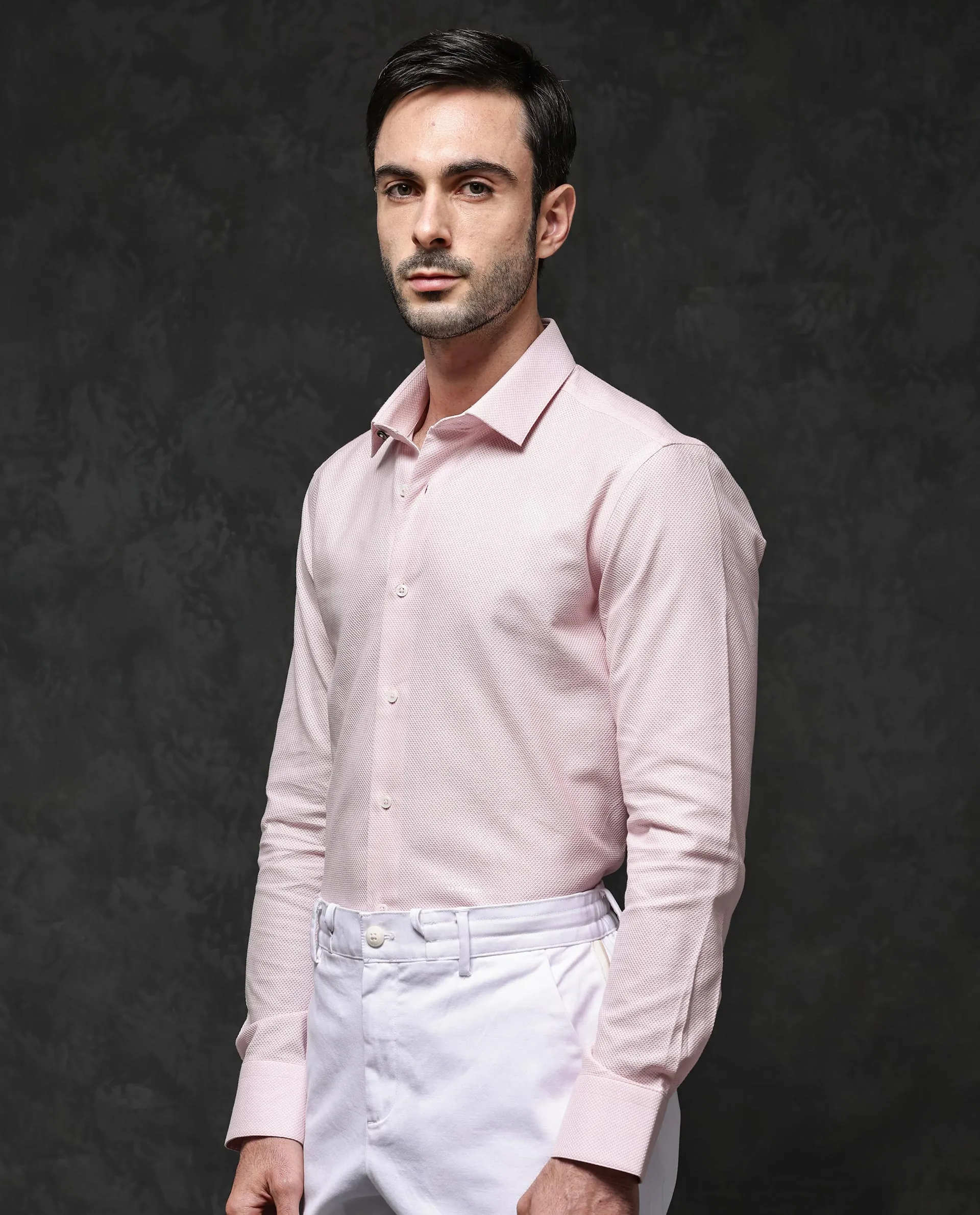 Rare Rabbit Mens Astron Pastel Pink Full Sleeve Solid Dobby Shirt