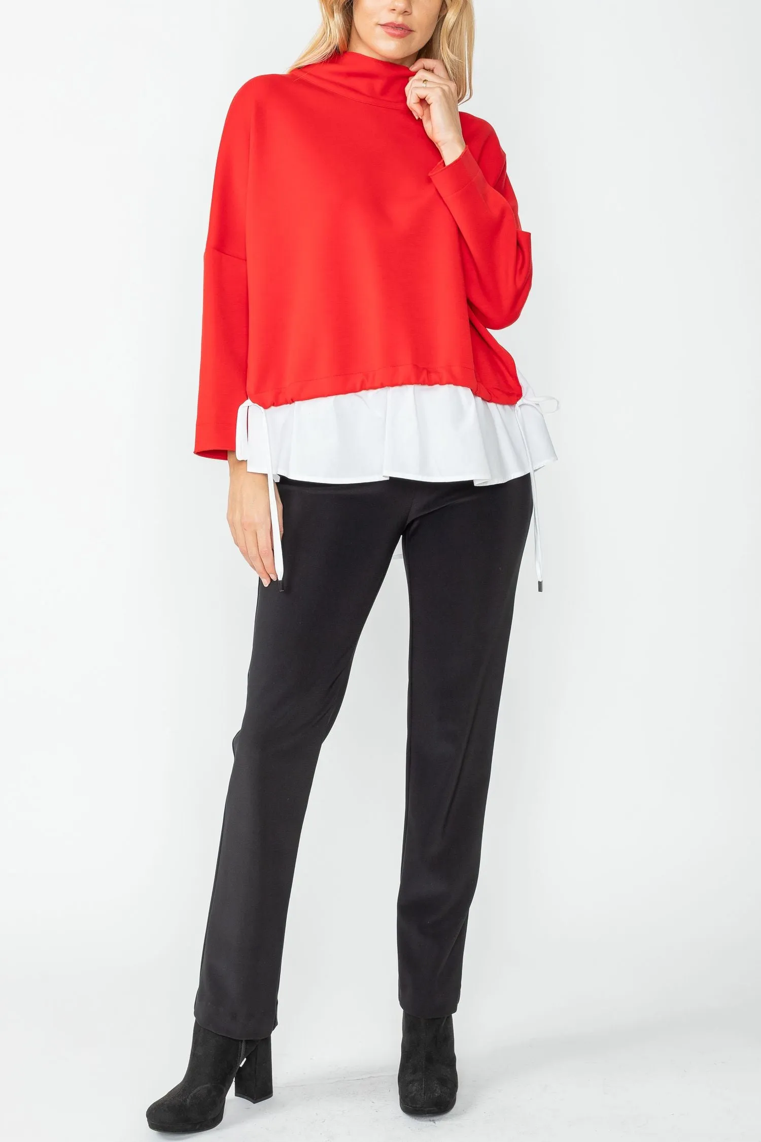 Red High Stand Collar & Shirts Tail Layer Top