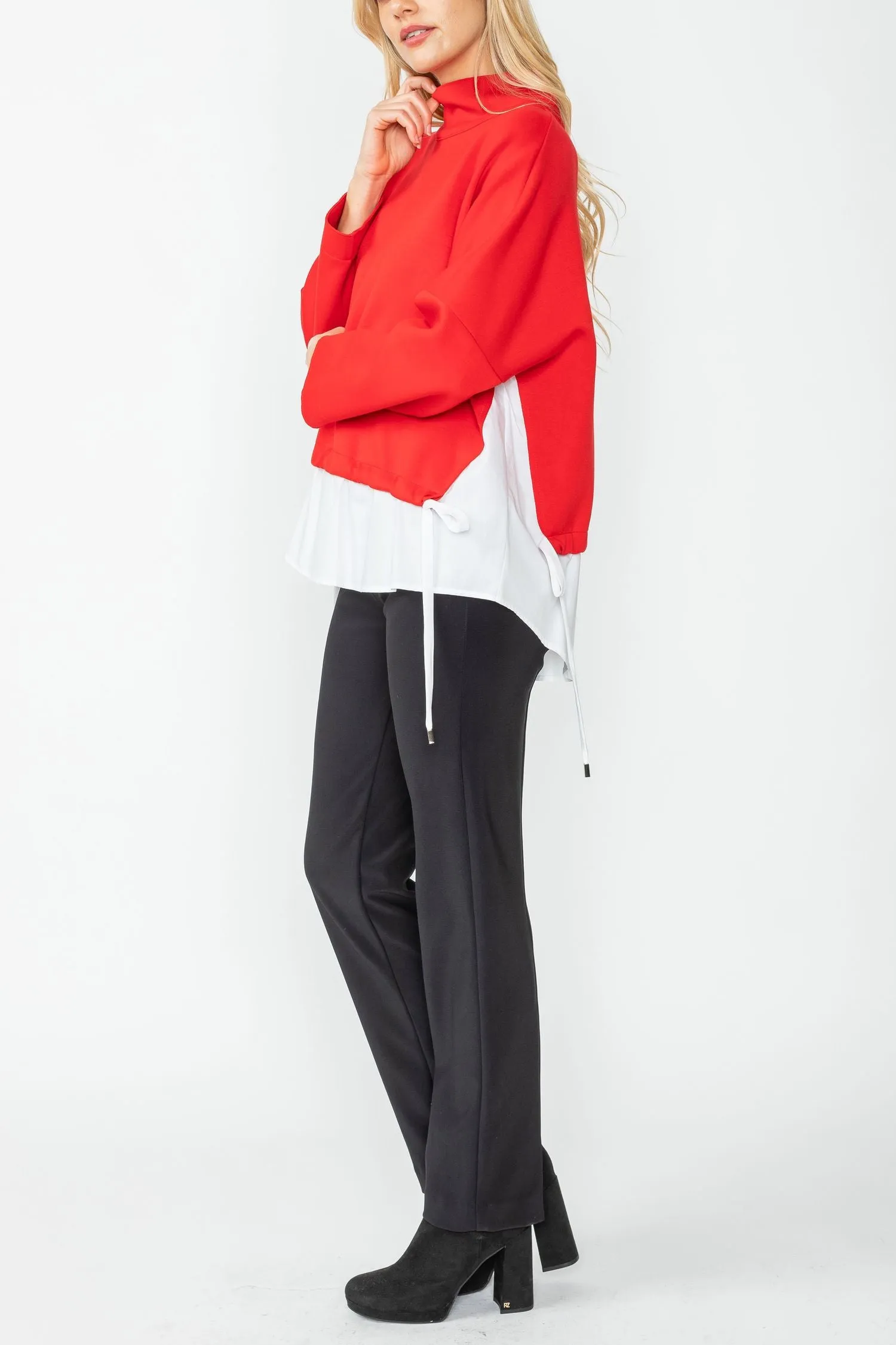 Red High Stand Collar & Shirts Tail Layer Top