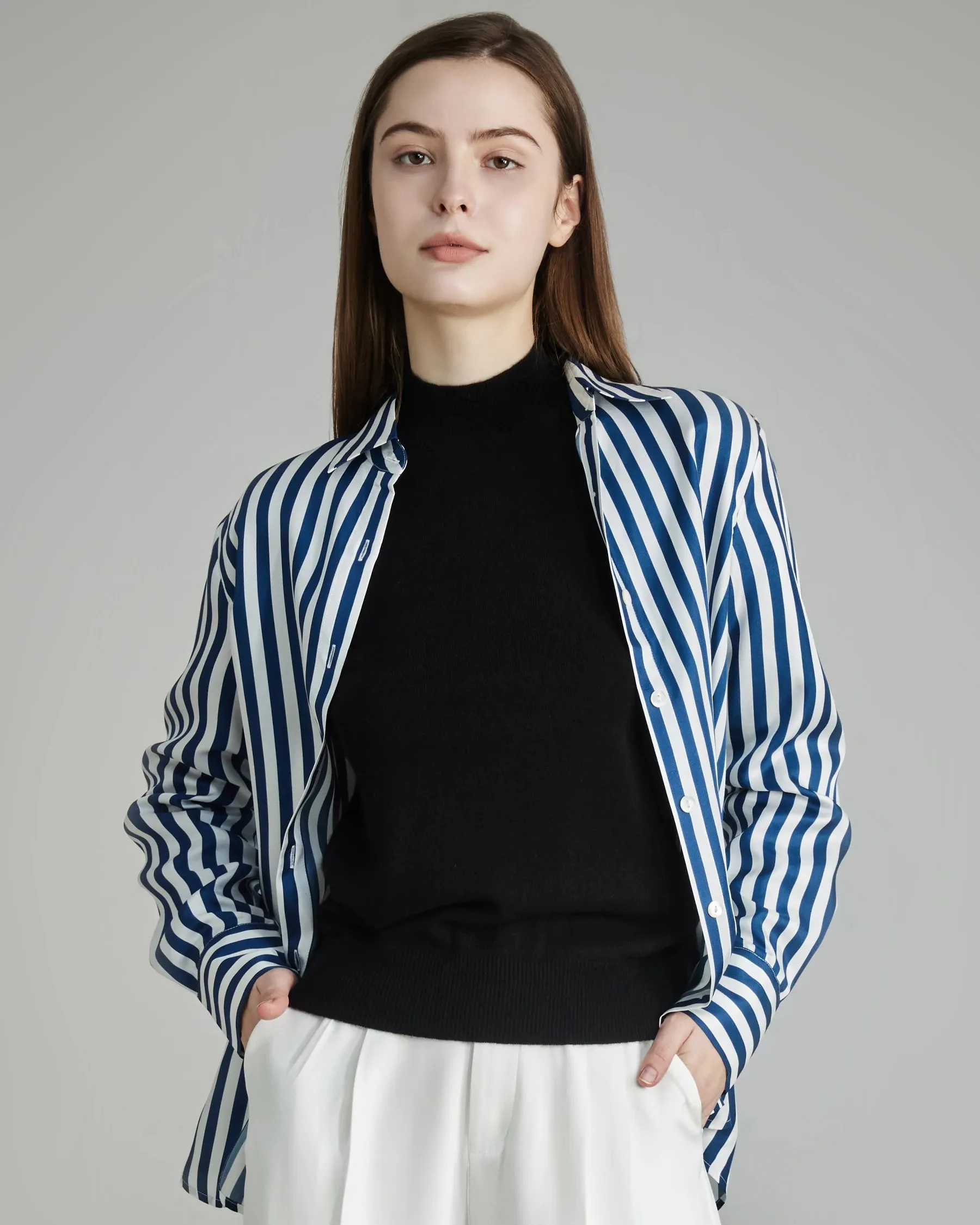 Relaxed Fit Vertical Stripe Silk Shirts