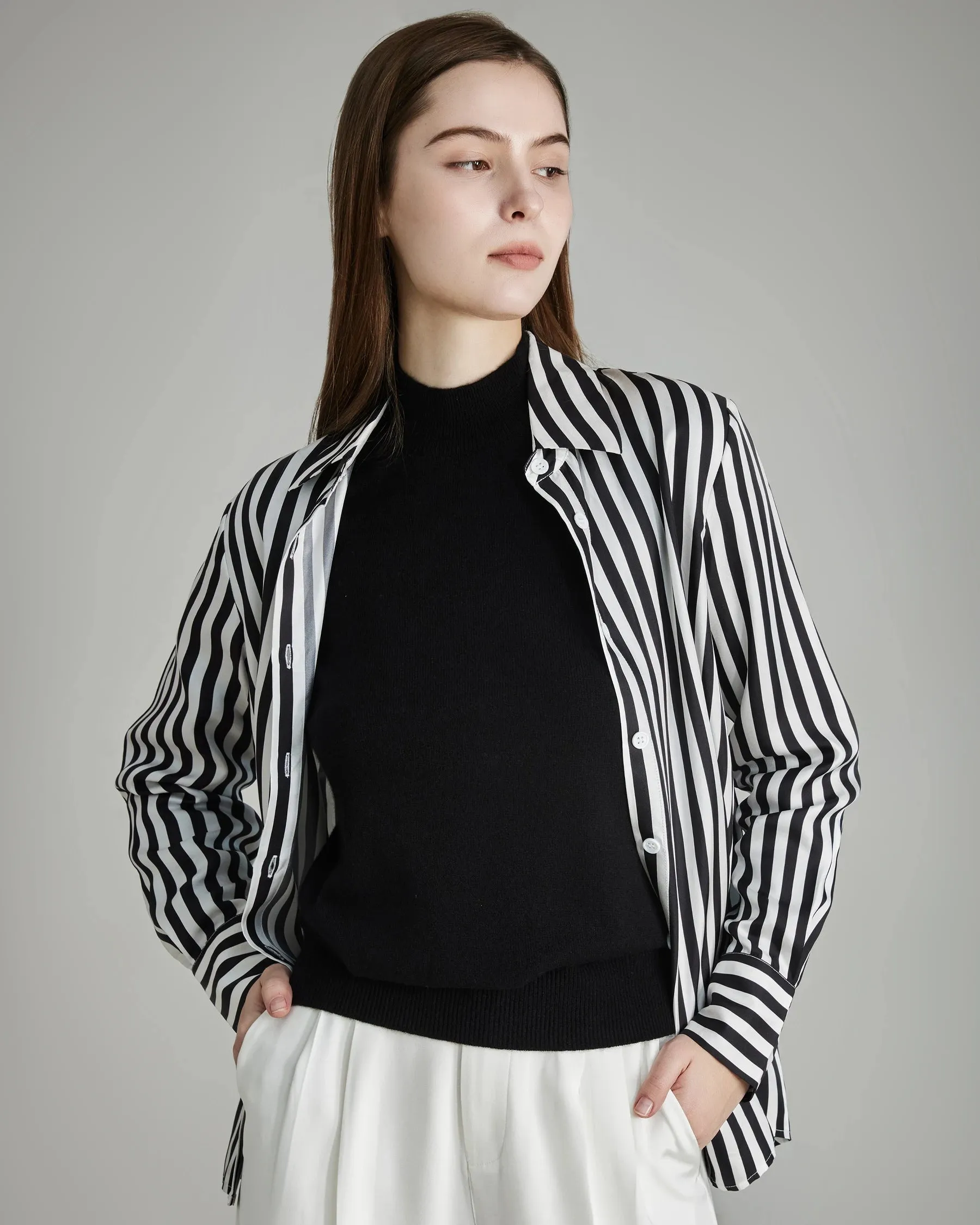 Relaxed Fit Vertical Stripe Silk Shirts