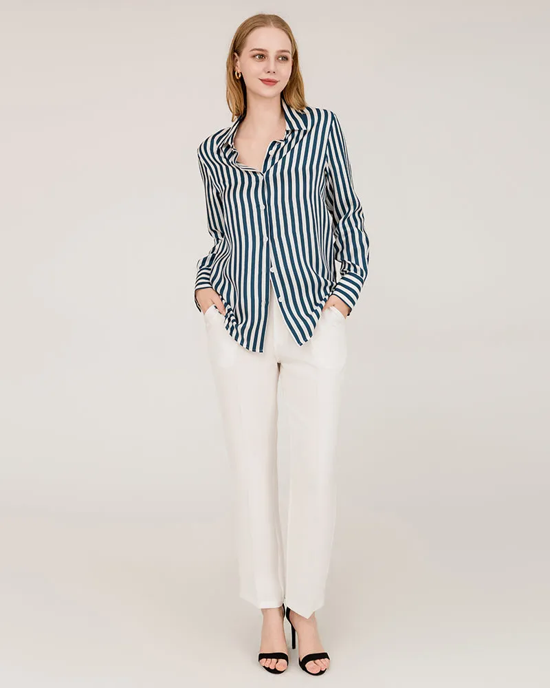 Relaxed Fit Vertical Stripe Silk Shirts