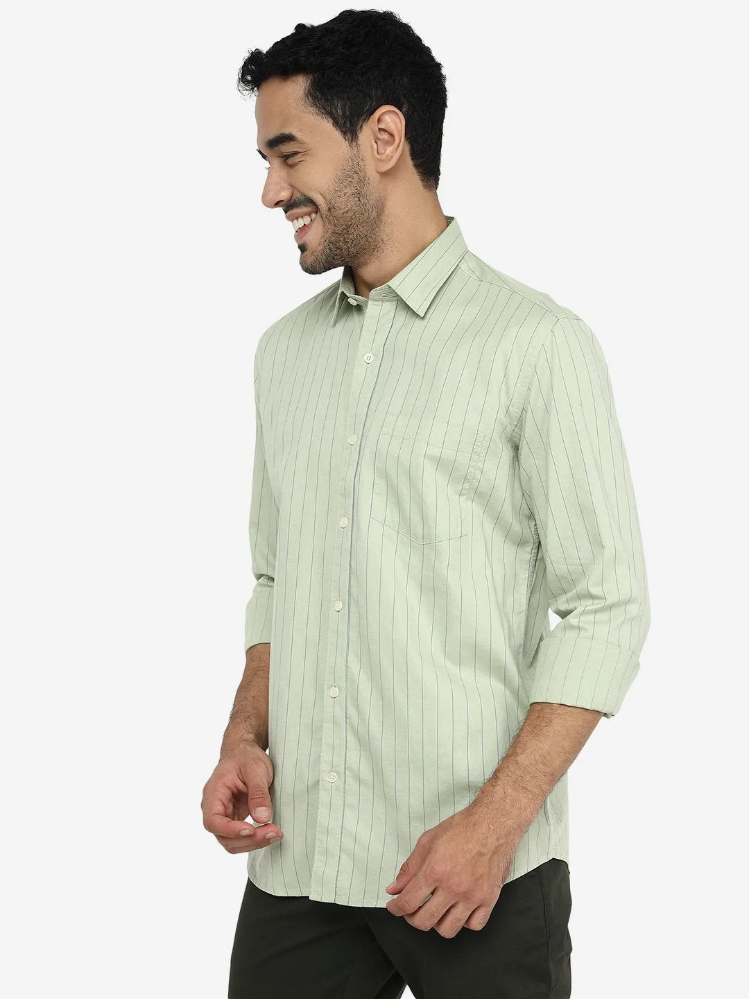 Sage Green Striped Slim Fit Semi Casual Shirt | JadeBlue