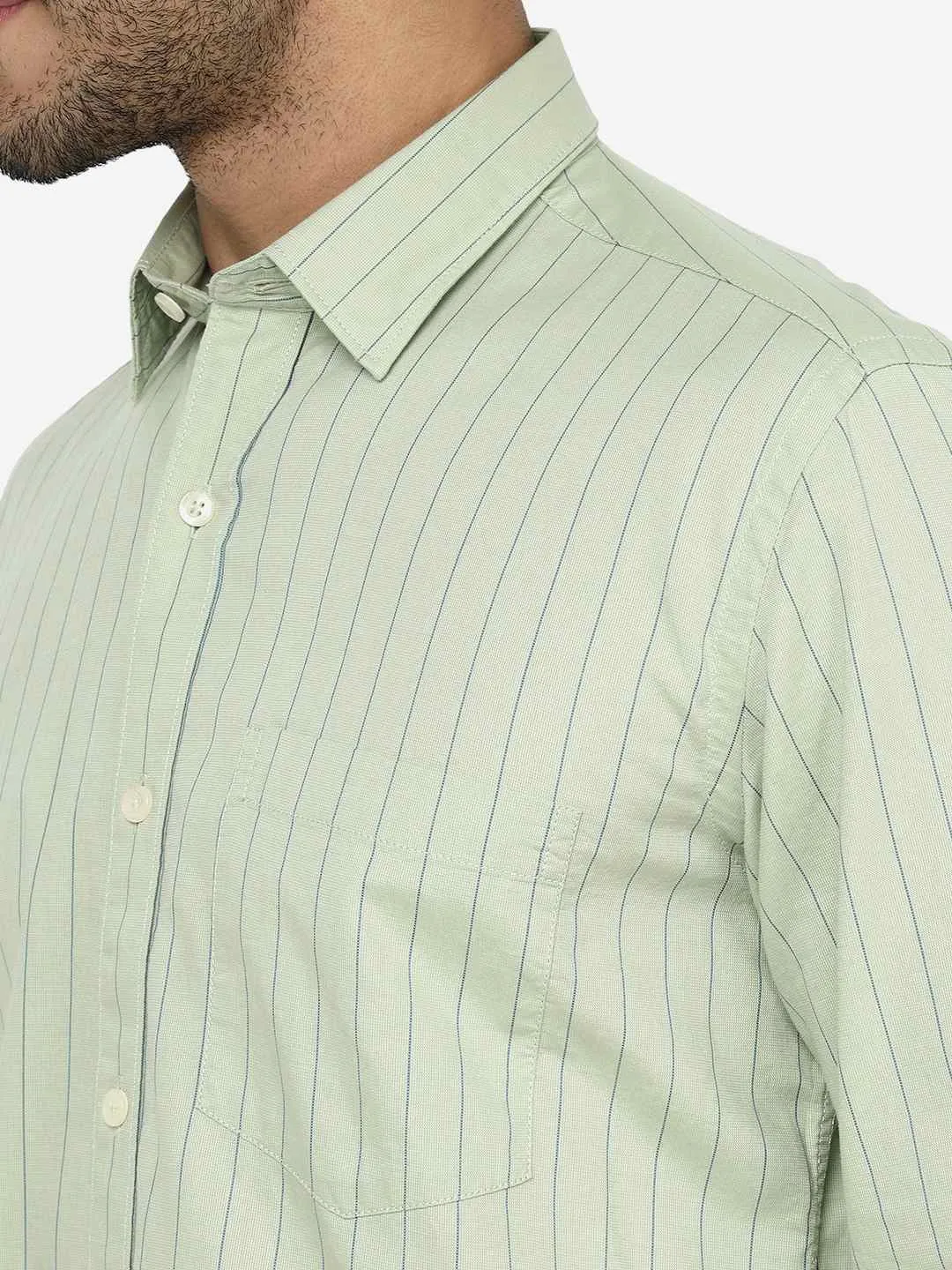 Sage Green Striped Slim Fit Semi Casual Shirt | JadeBlue