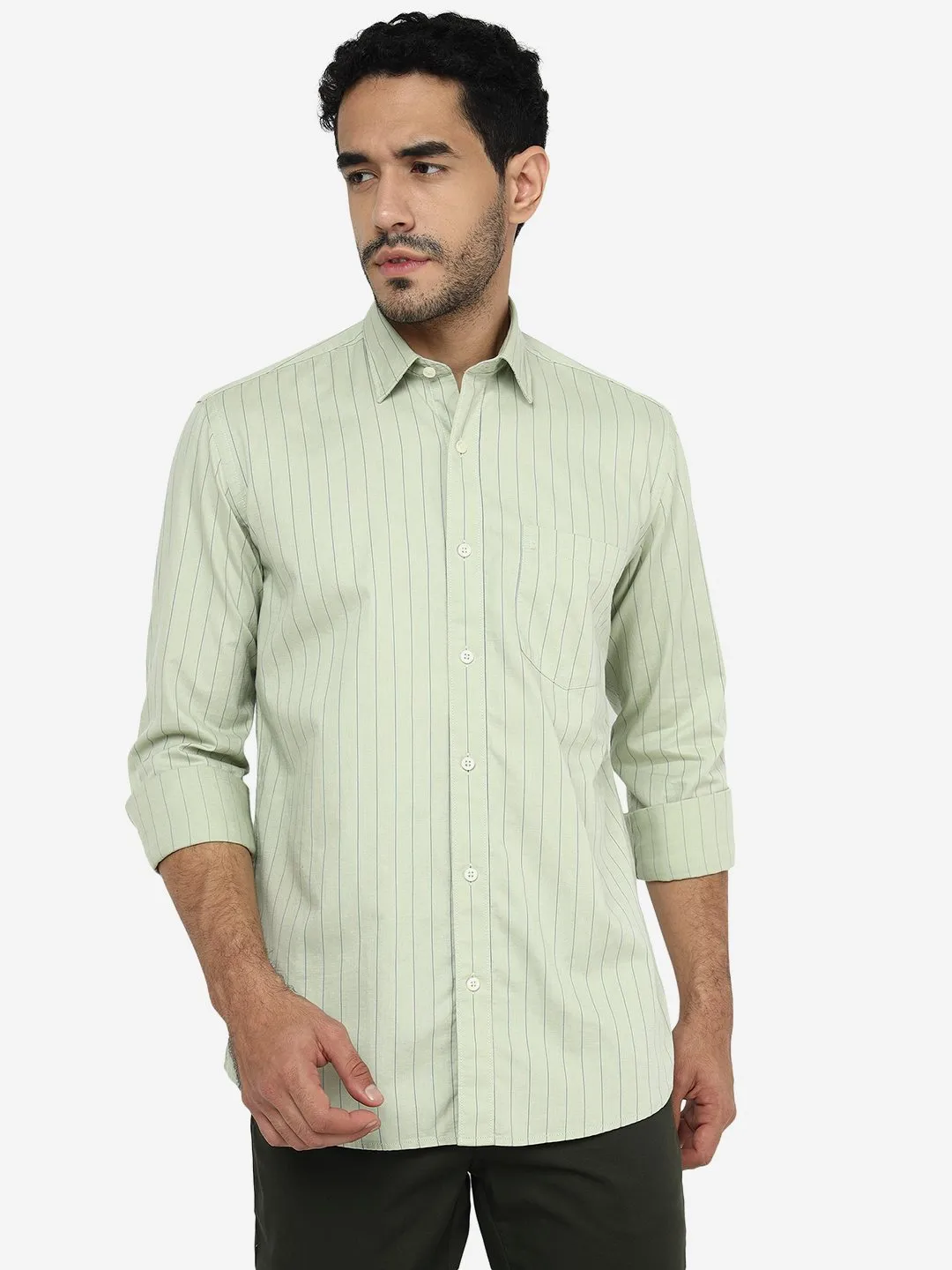 Sage Green Striped Slim Fit Semi Casual Shirt | JadeBlue