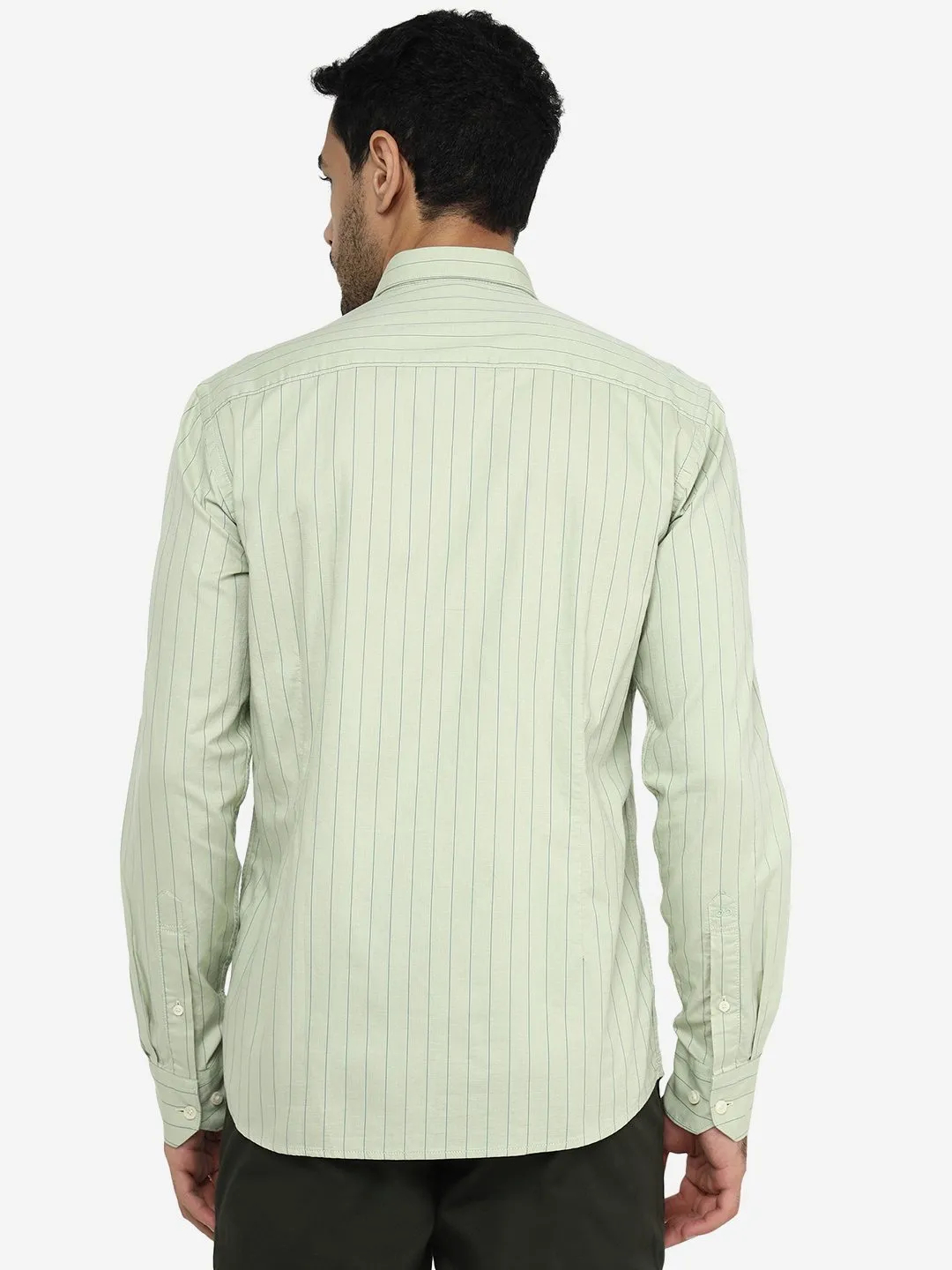 Sage Green Striped Slim Fit Semi Casual Shirt | JadeBlue