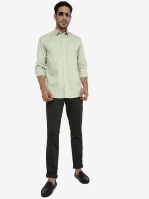 Sage Green Striped Slim Fit Semi Casual Shirt | JadeBlue