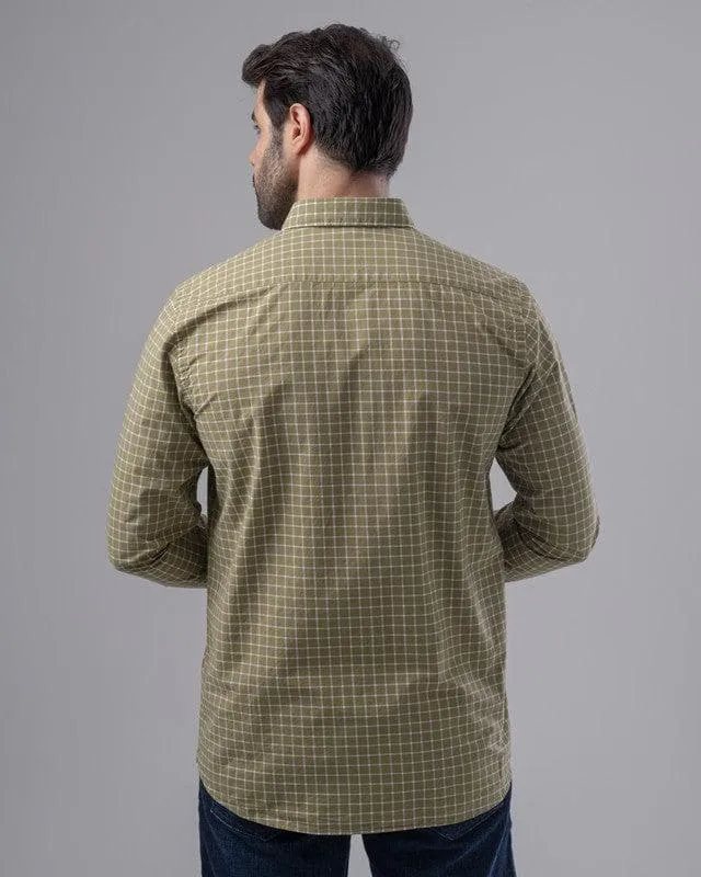 SLIM FIT CHECKERED SHIRT  - LIGHT OLIVE