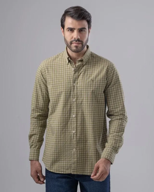 SLIM FIT CHECKERED SHIRT  - LIGHT OLIVE