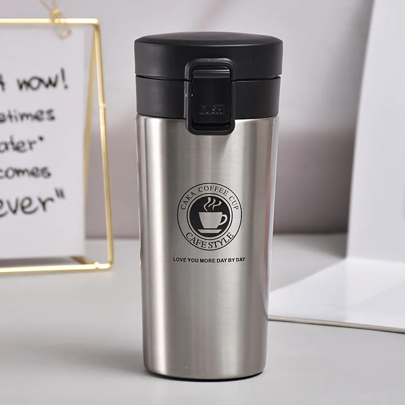 Stainless Steel Insulated Travel Mug, 12.85oz Double-Wall Vacuum Flask with Filter Net, Letter Print, Hand Wash, Oval Shape, Reusable, Winter-Themed for Adults - Ideal for Camping & Hiking