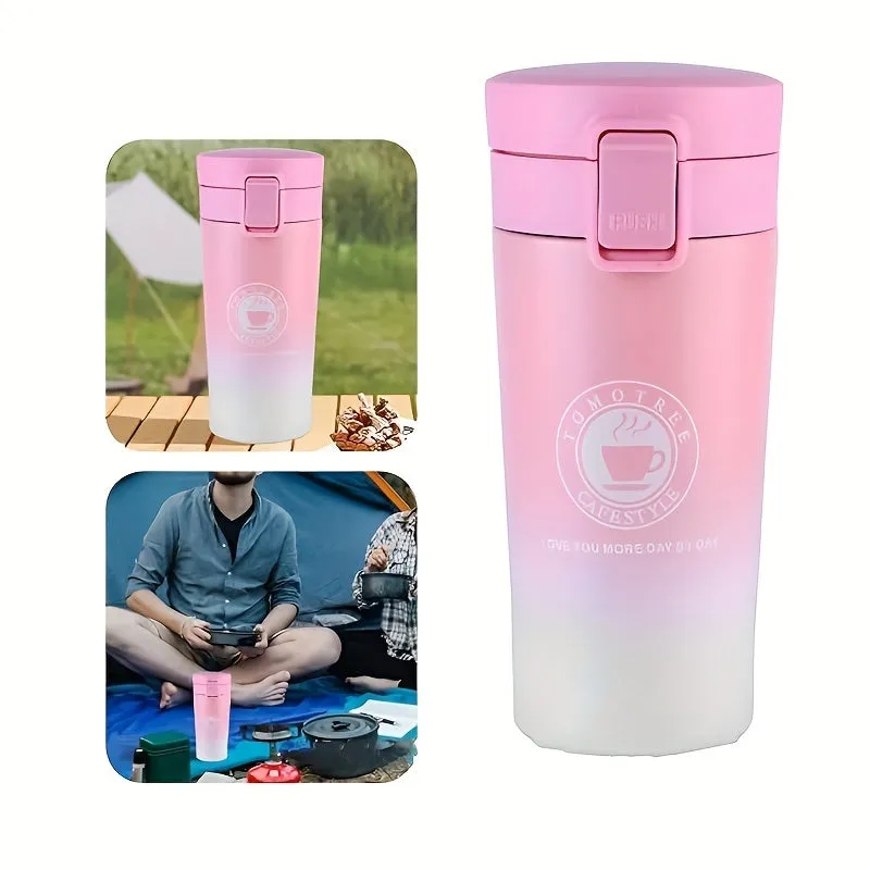 Stainless Steel Insulated Travel Mug, 12.85oz Double-Wall Vacuum Flask with Filter Net, Letter Print, Hand Wash, Oval Shape, Reusable, Winter-Themed for Adults - Ideal for Camping & Hiking