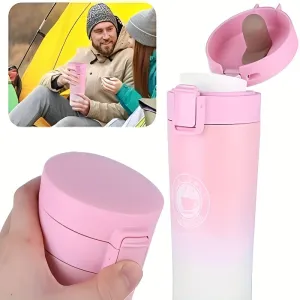 Stainless Steel Insulated Travel Mug, 12.85oz Double-Wall Vacuum Flask with Filter Net, Letter Print, Hand Wash, Oval Shape, Reusable, Winter-Themed for Adults - Ideal for Camping & Hiking