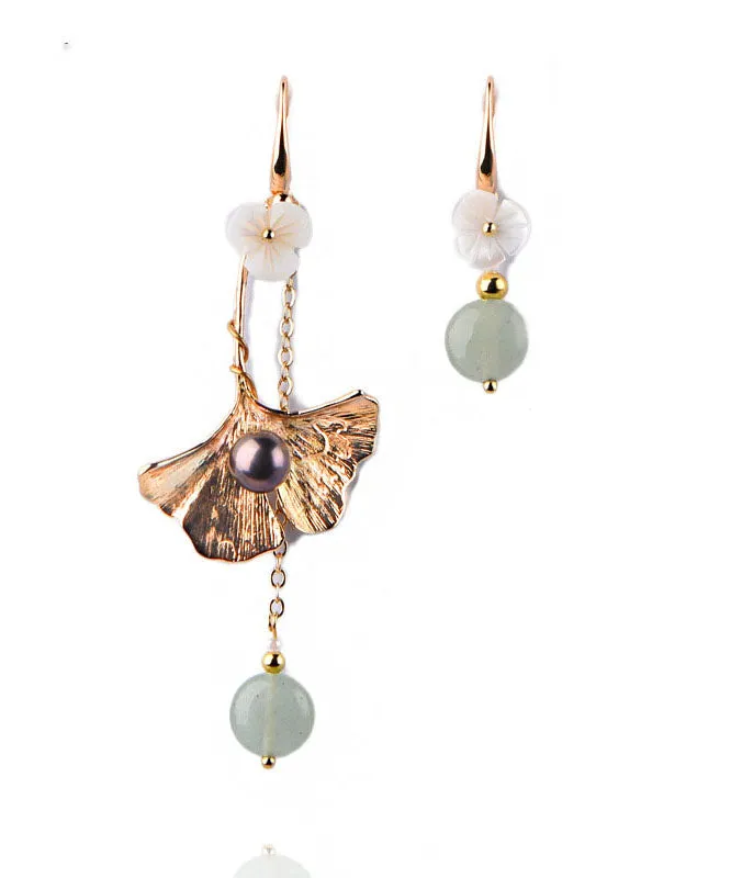 Style Asymmetrical Design Flower 14K Gold Jade Drop Earrings