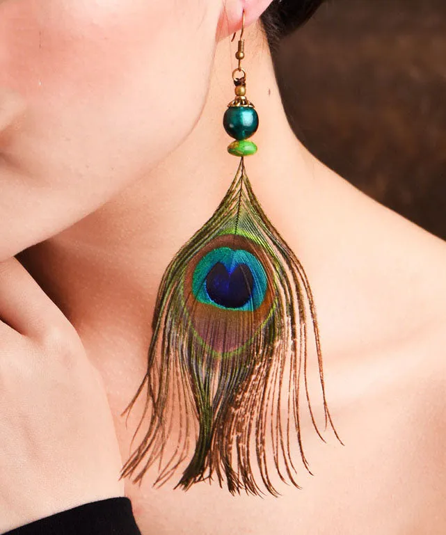 Vintage Peacock Feather Ethnic Style Copper Drop Earrings