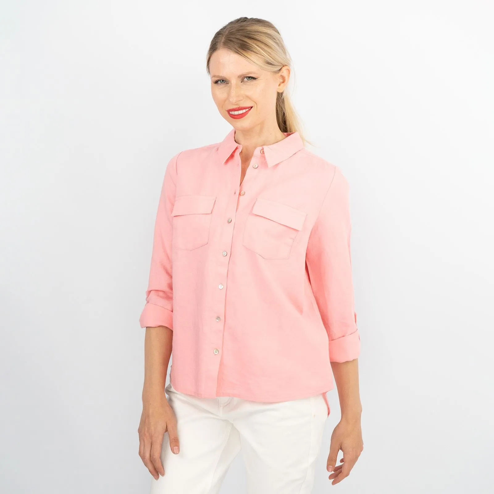 Women's Pink Long Sleeve Relaxed Fit Button-Up Linen Shirts