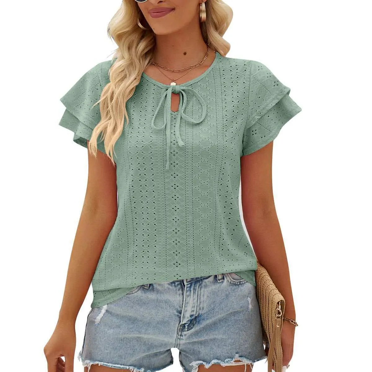 Womens Shirts Double-layer Sleeve Top Loose Hole Hollow-out Lace-up Double-layer Sleeve Top