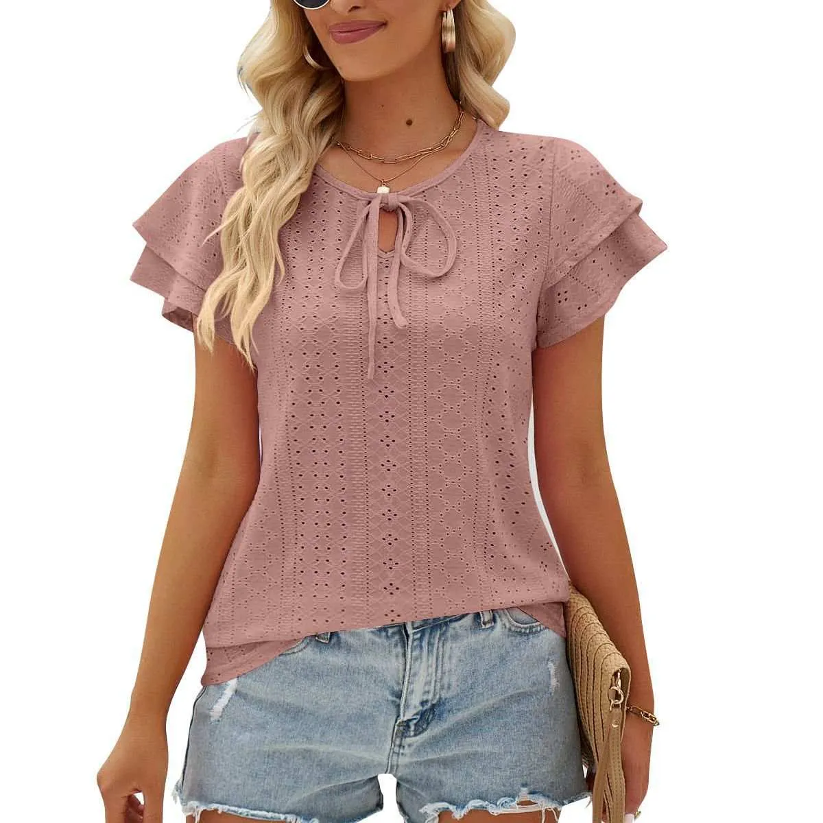 Womens Shirts Double-layer Sleeve Top Loose Hole Hollow-out Lace-up Double-layer Sleeve Top